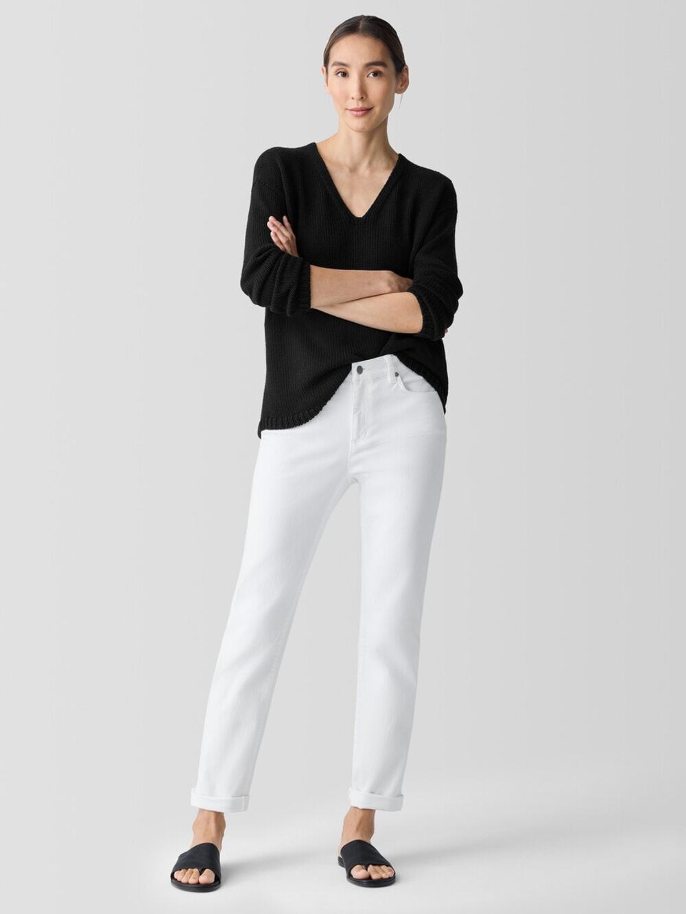Eileen Fisher Womens White Cotton High Rise Straight Leg Ankle Stretch Jeans 8